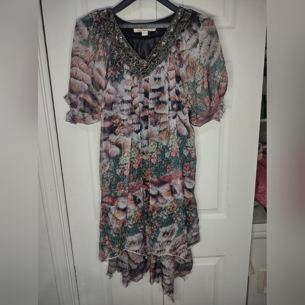 Floral Pattern Floaty Bohemian 3/4 Puff Sleeve Dress Woman JK.Y.H Fashion M L XL